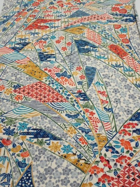 Photo1: 4L02z60  Japanese Kimono Silk  FABRIC Noshi Off-white 43.7x14.8 (1)