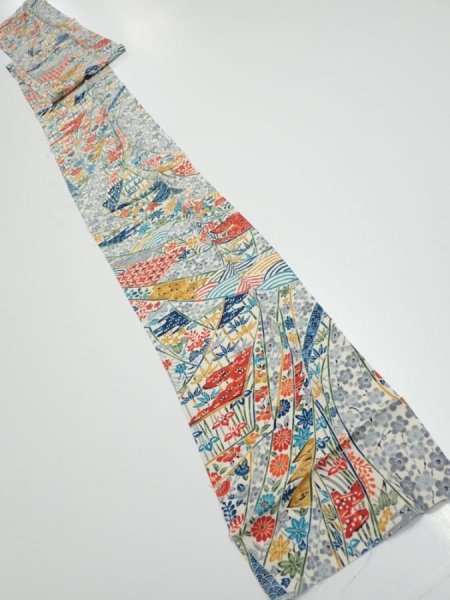Photo5: 4L09z50  Japanese Kimono Silk  FABRIC Noshi Off-white 82.7x6.9 (5)