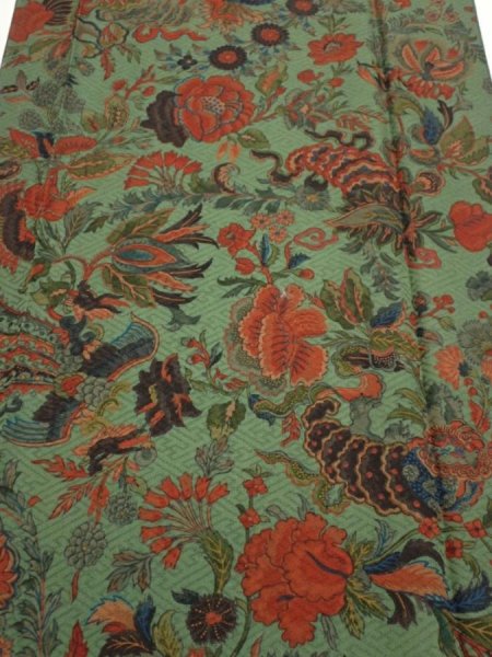 Photo1: 4L06z90  Japanese Kimono Silk  FABRIC Phoenix Dull green 64.6x14.4 (1)