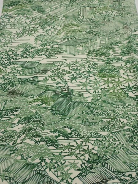 Photo1: 4L01z60  Japanese Kimono Silk  FABRIC Edo town Green 39.8x14.6 (1)