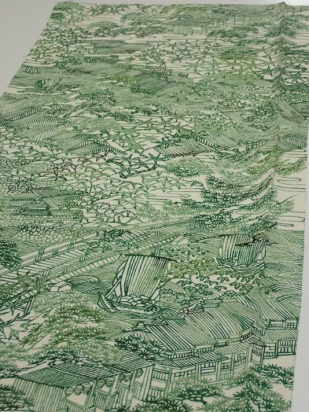 Photo3: 4L01z60  Japanese Kimono Silk  FABRIC Edo town Green 39.8x14.6 (3)