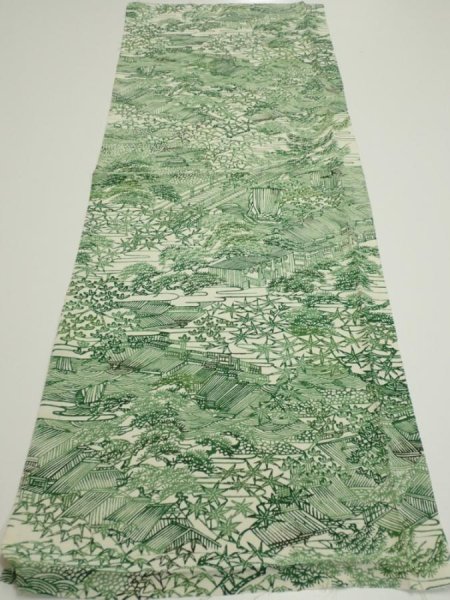 Photo5: 4L01z60  Japanese Kimono Silk  FABRIC Edo town Green 39.8x14.6 (5)