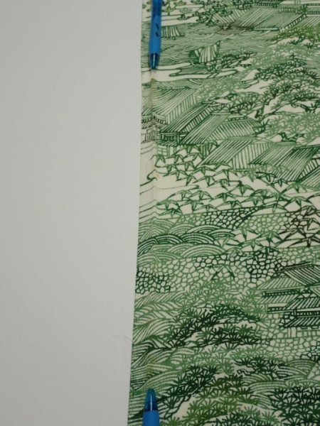 Photo7: 4L01z60  Japanese Kimono Silk  FABRIC Edo town Green 39.8x14.6 (7)