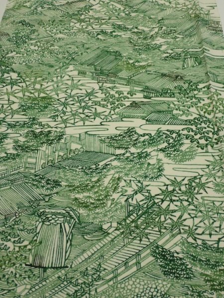 Photo1: 4L02z60  Japanese Kimono Silk  FABRIC Edo town Green 39.8x14.6 (1)