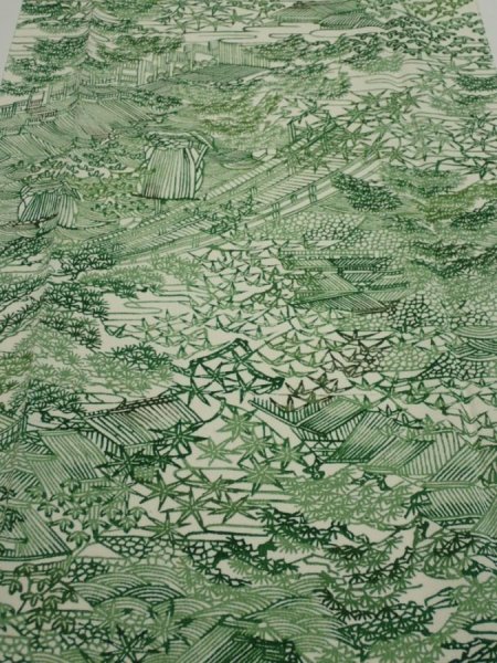 Photo1: 4L05z100  Japanese Kimono Silk  FABRIC Edo town Green 65.7x14.6 (1)