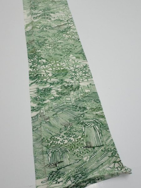 Photo2: 4L07z50  Japanese Kimono Silk  FABRIC Edo town Green 61.4x7.5 (2)