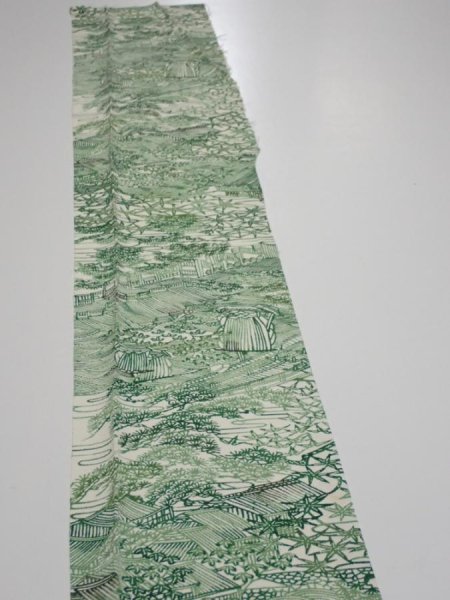 Photo3: 4L07z50  Japanese Kimono Silk  FABRIC Edo town Green 61.4x7.5 (3)