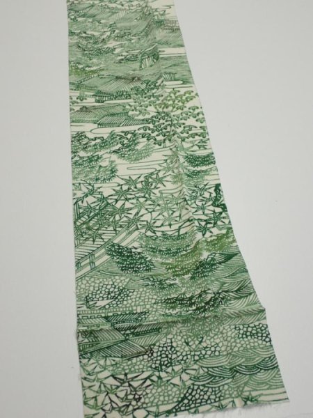 Photo2: 4L09z60  Japanese Kimono Silk  FABRIC Edo town Green 78.7x6.9 (2)