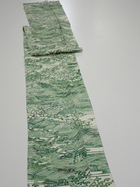 Photo3: 4L09z60  Japanese Kimono Silk  FABRIC Edo town Green 78.7x6.9 (3)