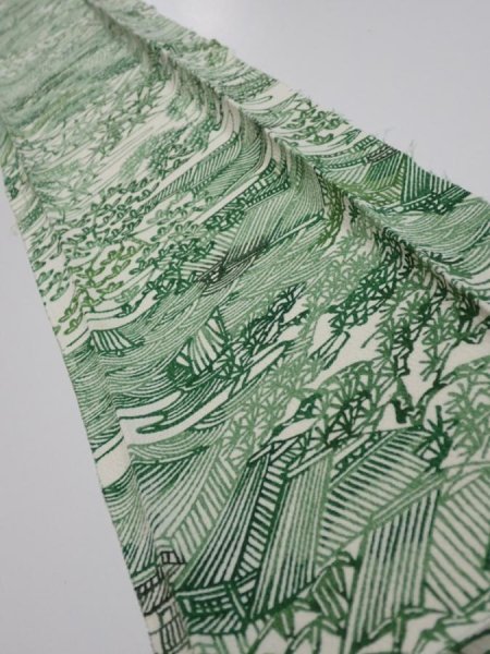 Photo2: 4L10z30  Japanese Kimono Silk  FABRIC Edo town Green 40.2x6.9 (2)