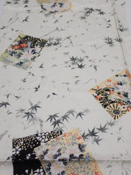 Photo1: 3R01z50  Japanese Kimono Silk  FABRIC Flowers Off-white 39.4x14.6 (1)