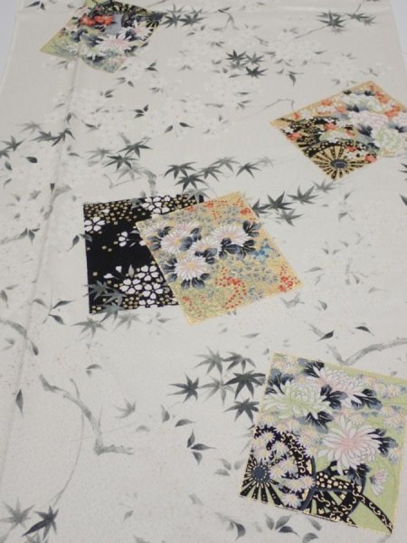 Photo1: 3R04z80  Japanese Kimono Silk  FABRIC Flowers Off-white 65.4x14.6 (1)