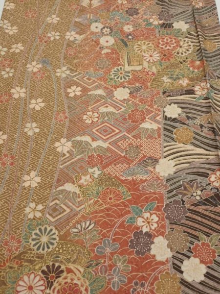 Photo1: 3R01z60  Japanese Kimono Silk  FABRIC Sakura Light brown 42.5x15.0 (1)