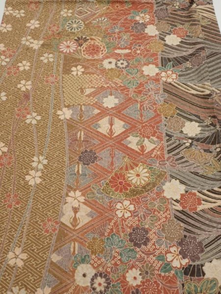 Photo1: 3R02z60  Japanese Kimono Silk  FABRIC Sakura Light brown 42.5x15.0 (1)