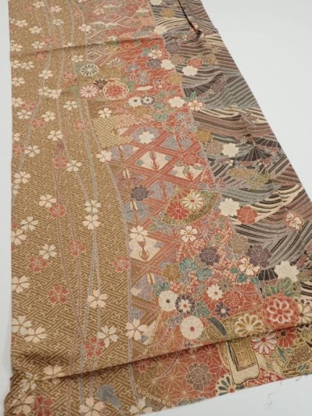 Photo2: 3R02z60  Japanese Kimono Silk  FABRIC Sakura Light brown 42.5x15.0 (2)