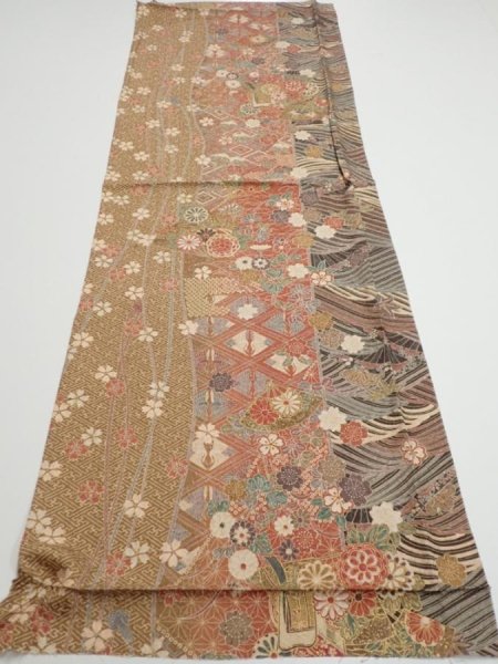 Photo5: 3R02z60  Japanese Kimono Silk  FABRIC Sakura Light brown 42.5x15.0 (5)