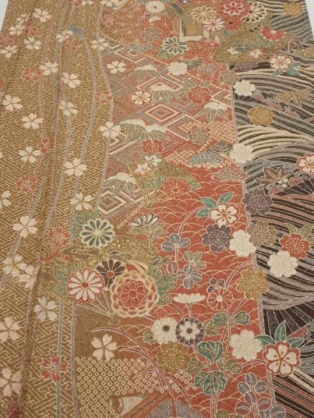 Photo1: 3R03z90  Japanese Kimono Silk  FABRIC Sakura Light brown 65.4x15.2 (1)