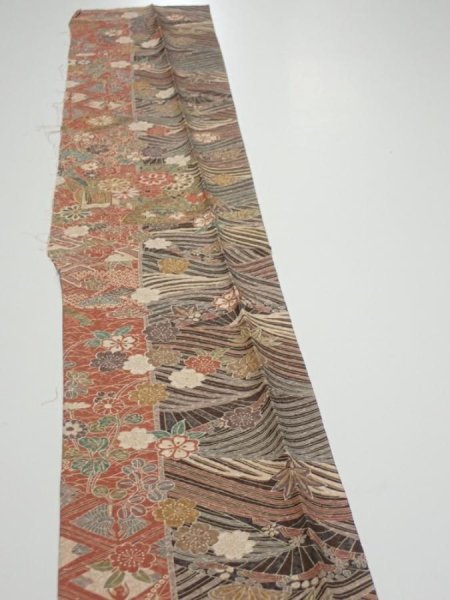 Photo3: 3R07z50  Japanese Kimono Silk  FABRIC Sakura Dark brown 58.7x7.5 (3)