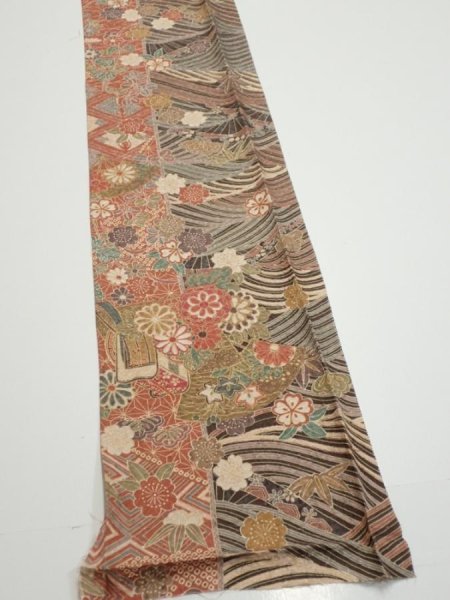 Photo2: 3R08z50  Japanese Kimono Silk  FABRIC Sakura Dark brown 58.3x7.5 (2)