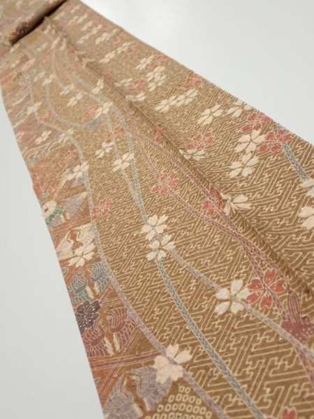 Photo2: 3R09z60  Japanese Kimono Silk  FABRIC Sakura Light brown 81.9x7.5 (2)