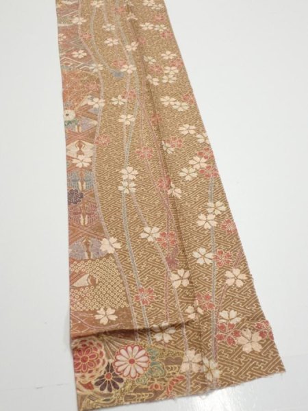 Photo3: 3R09z60  Japanese Kimono Silk  FABRIC Sakura Light brown 81.9x7.5 (3)