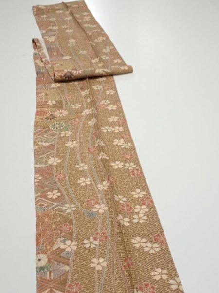 Photo4: 3R09z60  Japanese Kimono Silk  FABRIC Sakura Light brown 81.9x7.5 (4)