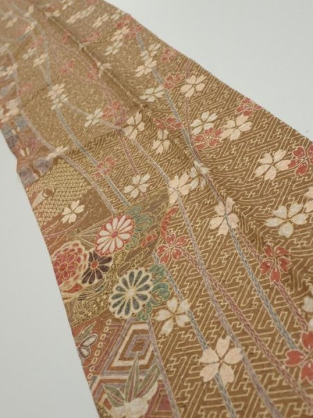 Photo2: 3R10z30  Japanese Kimono Silk  FABRIC Sakura Light brown 34.6x7.5 (2)