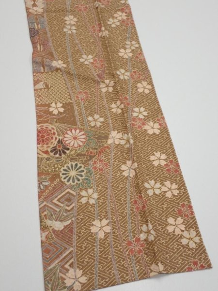 Photo3: 3R10z30  Japanese Kimono Silk  FABRIC Sakura Light brown 34.6x7.5 (3)