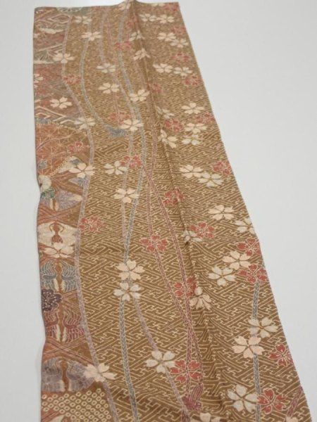 Photo4: 3R10z30  Japanese Kimono Silk  FABRIC Sakura Light brown 34.6x7.5 (4)