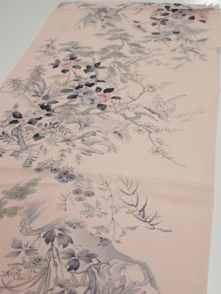 Photo3: 3R01z60  Japanese Kimono Crepe Silk  FABRIC Flowers Light pink 44.1x15.2 (3)