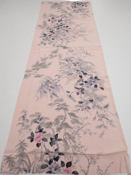 Photo5: 3R01z60  Japanese Kimono Crepe Silk  FABRIC Flowers Light pink 44.1x15.2 (5)