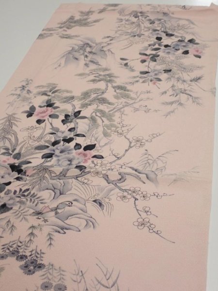 Photo3: 3R02z70  Japanese Kimono Crepe Silk  FABRIC Flowers Light pink 44.1x15.0 (3)