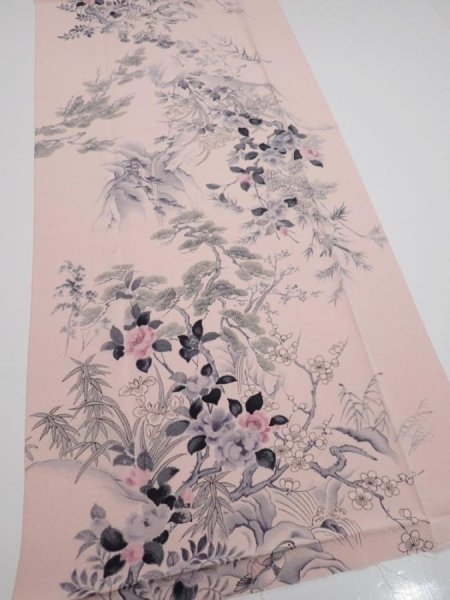 Photo2: 3R03z90  Japanese Kimono Crepe Silk  FABRIC Flowers Light pink 63.0x15.0 (2)