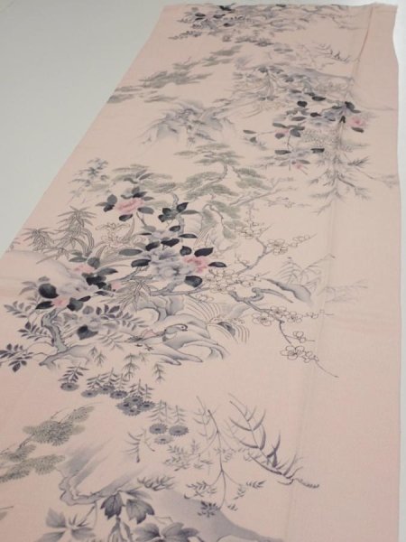 Photo3: 3R03z90  Japanese Kimono Crepe Silk  FABRIC Flowers Light pink 63.0x15.0 (3)