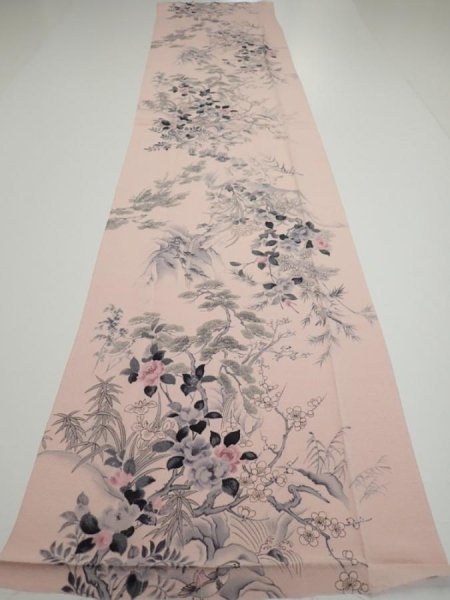 Photo5: 3R03z90  Japanese Kimono Crepe Silk  FABRIC Flowers Light pink 63.0x15.0 (5)
