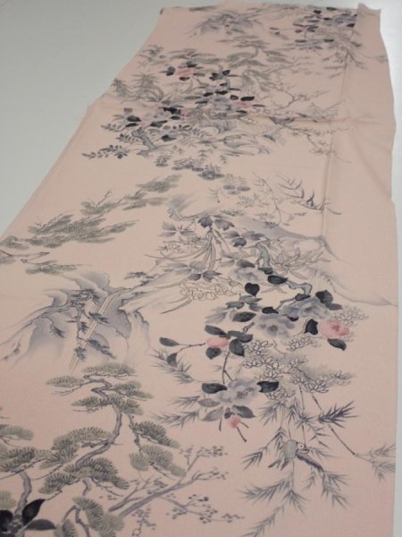 Photo3: 3R05z90  Japanese Kimono Crepe Silk  FABRIC Flowers Light pink 63.0x15.0 (3)