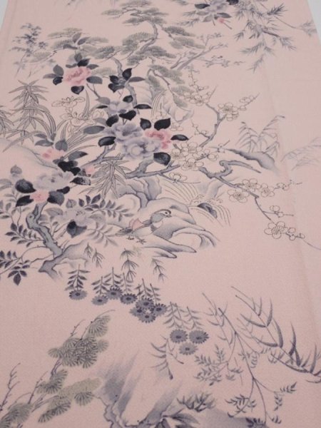 Photo1: 3R06z90  Japanese Kimono Crepe Silk  FABRIC Flowers Light pink 63.0x15.0 (1)