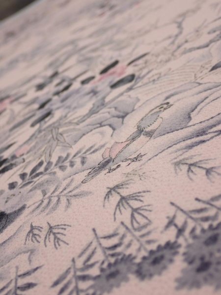 Photo4: 3R06z90  Japanese Kimono Crepe Silk  FABRIC Flowers Light pink 63.0x15.0 (4)