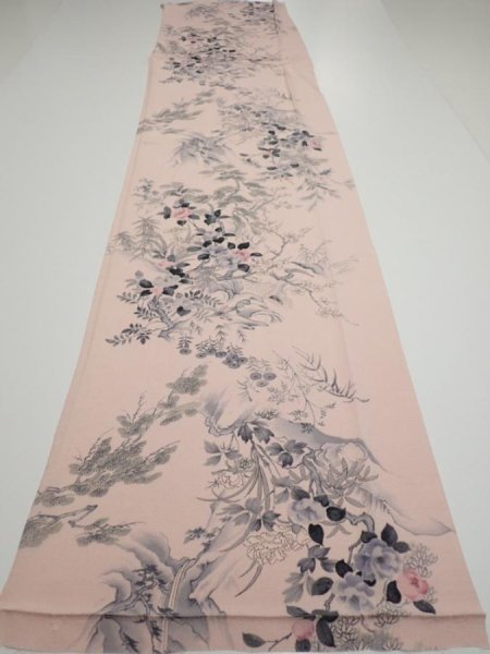 Photo5: 3R06z90  Japanese Kimono Crepe Silk  FABRIC Flowers Light pink 63.0x15.0 (5)
