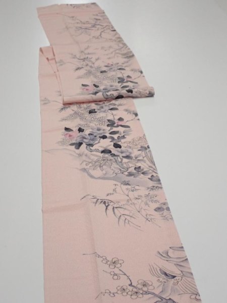 Photo3: 3R09z60  Japanese Kimono Crepe Silk  FABRIC Flowers Light pink 83.5x7.5 (3)