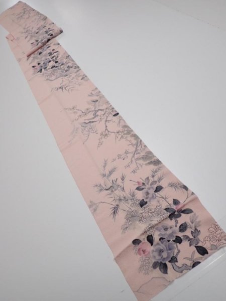 Photo5: 3R09z60  Japanese Kimono Crepe Silk  FABRIC Flowers Light pink 83.5x7.5 (5)