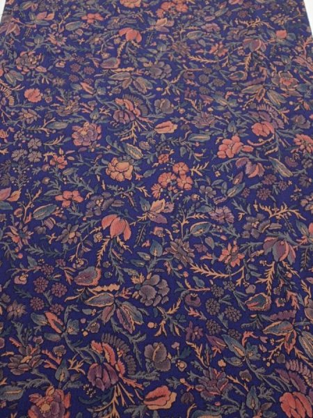 Photo1: 3R03z90  Japanese Kimono Crepe Silk  FABRIC Flowers Navy 62.2x14.6 (1)