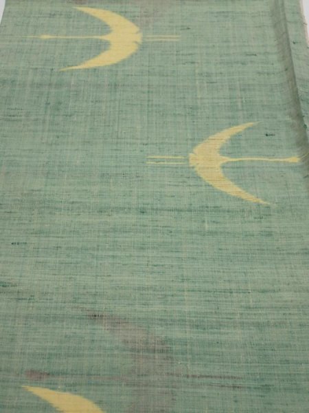 Photo1: 3R02z50  Japanese Kimono Silk TSUMUGI FABRIC Flying crane Light green 40.9x14.4 (1)