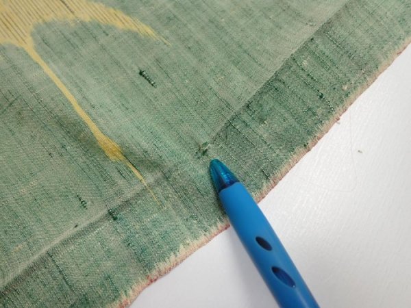 Photo5: 3R02z50  Japanese Kimono Silk TSUMUGI FABRIC Flying crane Light green 40.9x14.4 (5)