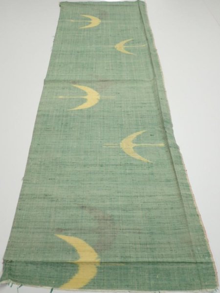 Photo8: 3R02z50  Japanese Kimono Silk TSUMUGI FABRIC Flying crane Light green 40.9x14.4 (8)