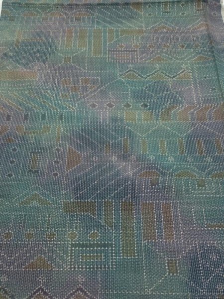 Photo1: 3R01z50  Japanese Kimono Silk TSUMUGI FABRIC  Dull cyan 41.3x14.6 (1)