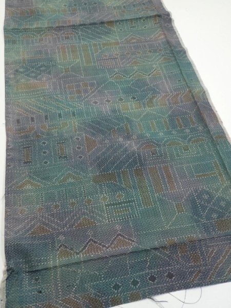Photo2: 3R01z50  Japanese Kimono Silk TSUMUGI FABRIC  Dull cyan 41.3x14.6 (2)