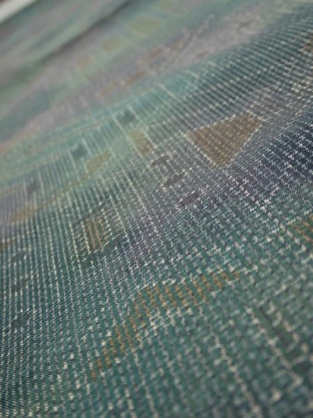 Photo4: 3R01z50  Japanese Kimono Silk TSUMUGI FABRIC  Dull cyan 41.3x14.6 (4)
