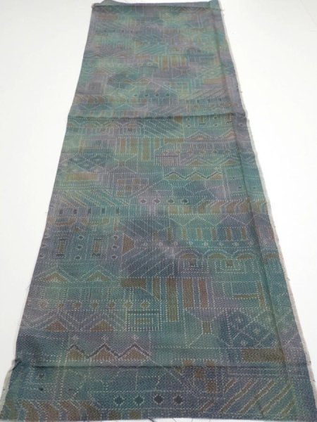 Photo5: 3R01z50  Japanese Kimono Silk TSUMUGI FABRIC  Dull cyan 41.3x14.6 (5)
