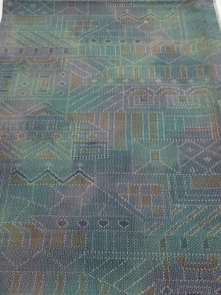 Photo1: 3R02z50  Japanese Kimono Silk TSUMUGI FABRIC  Dull cyan 41.3x14.6 (1)